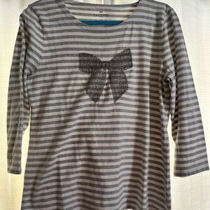 Talbots Long Sleeve Gray Striped Tee with Bow Size L- P‎